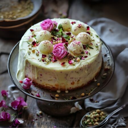 Rasmalai cake with rose on top