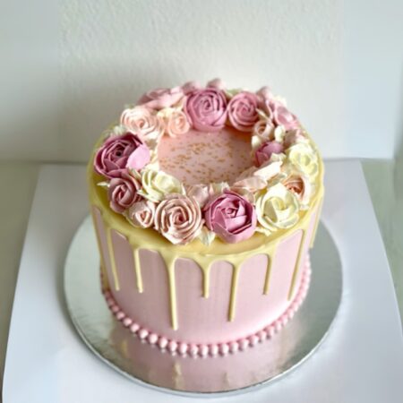 Flowers Topped Vanilla Drip Cake