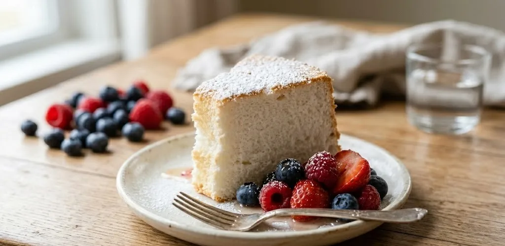 Easy Homemade Angel Food Cake Dusted with Mixed Berries