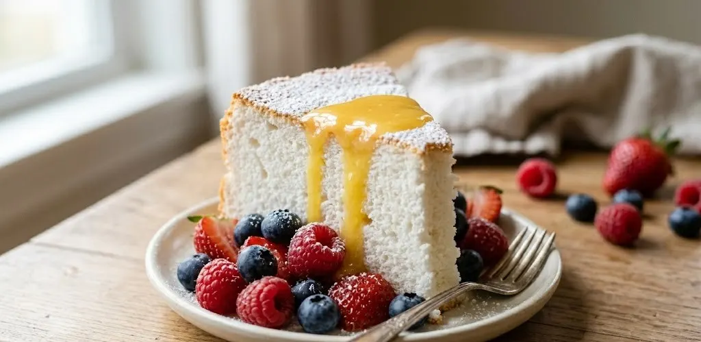 Easy Homemade Angel Food Cake with Berries & Lemon Glaze